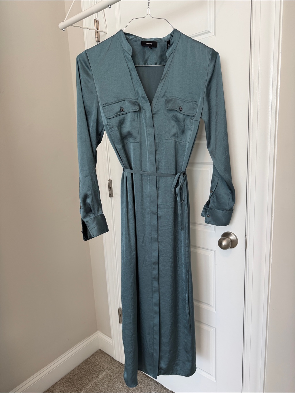 Theory Teal Long-Sleeve Maxi Shirt Dress
